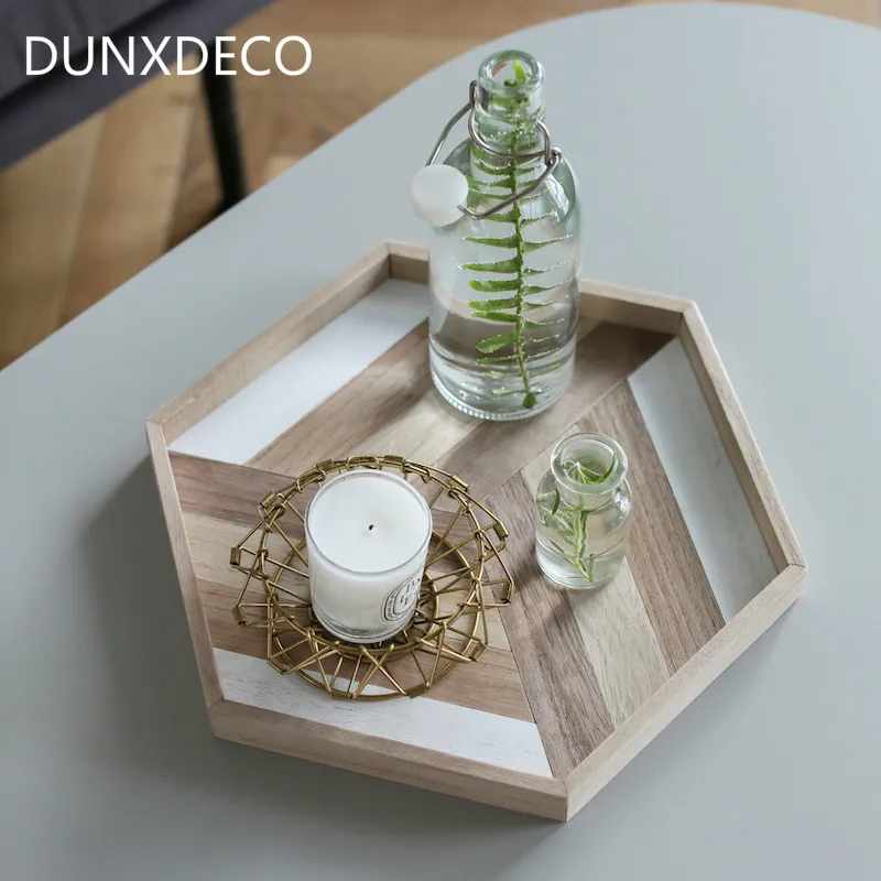 DUNXDECO для дома и офиса, деревянный поднос, аксессуары для ключей, подстаканник, скандинавский шестигранный контейнер для хранения, украшение стола, подарок