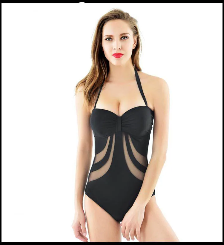 

sexy Hollowing swimwear Lace-piece solid one-piece suits sexy Hanging neck swimsuit summer beach bikinis profession