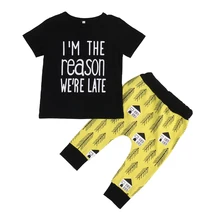 Короткая футболка для маленьких мальчиков и девочек+ длинные штаны, летняя одежда комплект из 2 предметов для детей от 0 до 24 месяцев