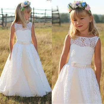 

New Little Girls White Ivory First Communion Dress with Sash Crew Neck Sheer Lace Flower Girl Dress for Wedding Birthday Gown