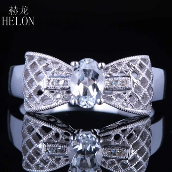 

HELON 6x4mm Oval Cut 100% Genuine White Topaz Solid 14K White Gold Real Natural Diamonds Jewelry Bowknot Fine Gemstone Ring