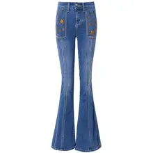Женские джинсы со Звездной вышивкой, высокая талия, роскошные джинсовые штаны, вышитый колокольчик, низ, расклешенные брюки