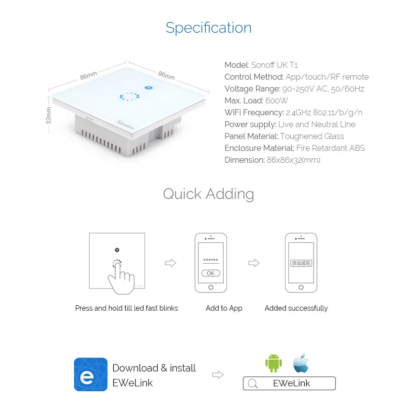 Интеллектуальный выключатель света Sonoff T1 1/2 Gang ЕС Wi-Fi RF 86 Тип настенный сенсорный выключатель света Умный дом Авто пульт дистанционного управления работа с Alexa Google Home