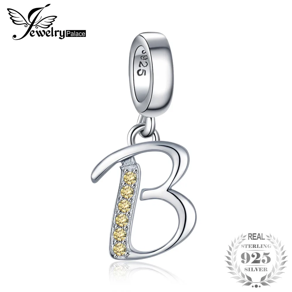 

JewelryPalace Golden Yellow Cubic Zirconia Letter B Dangle Beads Charms Fit Bracelets 925 Sterling Silver Trendy Gifts For Girls