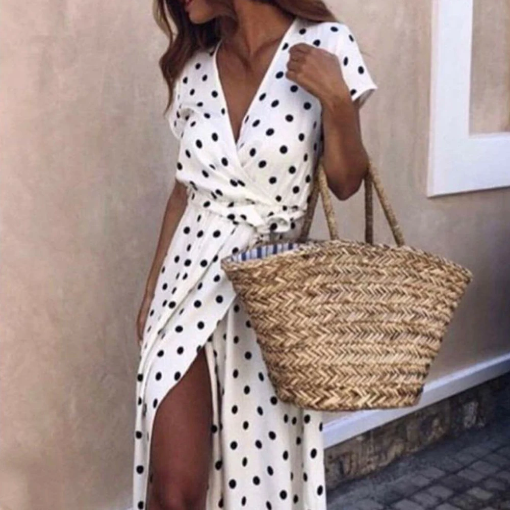 

Laamei Women Boho Polka Dot Summer Beach Long Dress Bandage Party V-Neck High Waist Split Maxi Dress Red Black Chic Vestidos