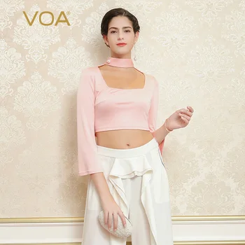 

VOA 2017 Summer Fashion Pure Pink Silk Knit Solid Sexy Crop Top Flare Sleeve Back Zipper Casual Short Women T Shirt BSX01301