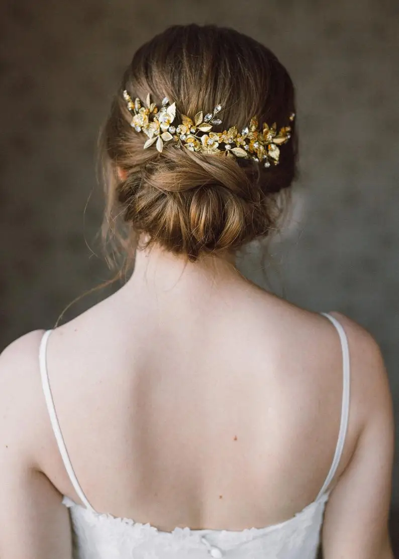 

Wedding Headpiece veil, Bridal Back Headpiece Headpiece for updos, Grecian Hairpiece gold, Wedding Hair Vine, Leaf Halo- ANTHEIA
