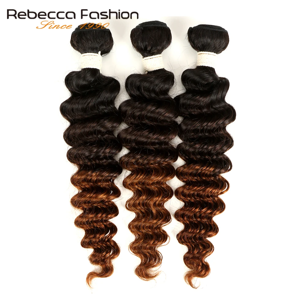Rebecca 1/3/4 Pcs Ombre Three Tone Human Hair Bundles Remy Peruvian Deep Wave Bundles Deals Color 1B/4/27# 1B/4/30#