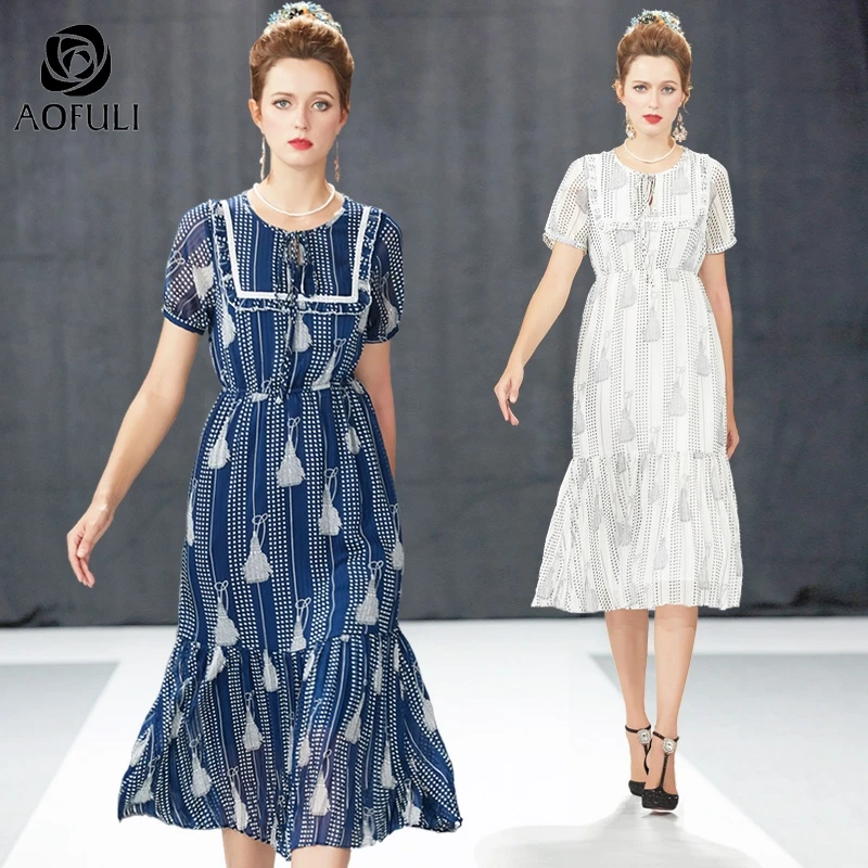 

L- 4XL 5XL Tassel And Dots Pattern Chiffon Midi Dress Summer Plus Size Female Short Sleeve Bow Tie Mid-calf Length Dress A4043