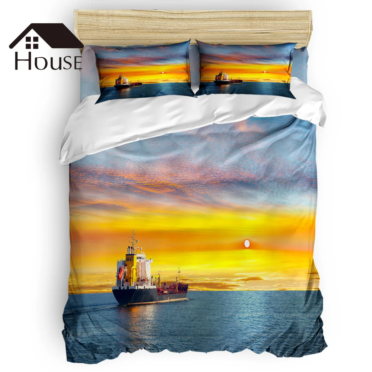 

BIGHOUSES Duvet Cover Set Oil Painting Ship Morning Sunshine Duvet Cover 4 Piece Bedding Set