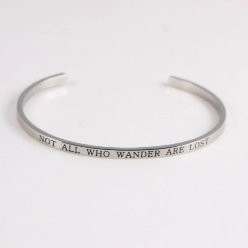 

Not All Who Wander Stainless Steel Engraved Positive Inspirational Quote Cuff Mantra Bracelet Bangle For for couple lover Gift
