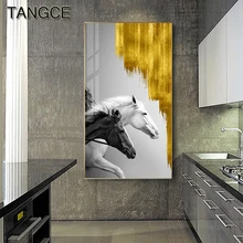 

Abstract Golden Poster White Black Horse Print Luxury Canvas Art Pop Animal Wall Art Picture for Living Room Entrance Painting