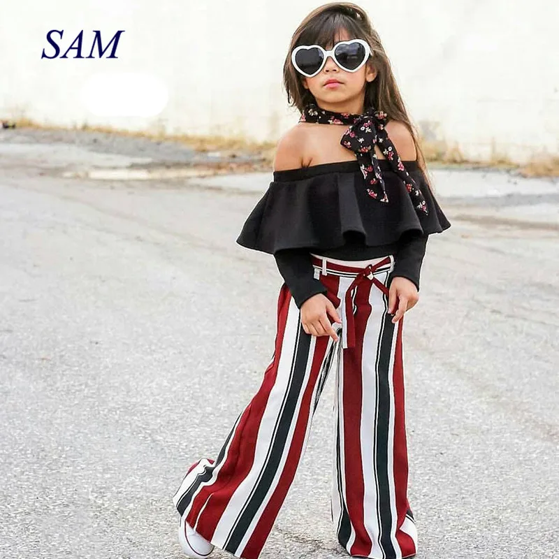 

Girls European and American Clothing Sets Children's One-shoulder lotus leaf collar top+Vertical striped pants 2 pcs Clothes