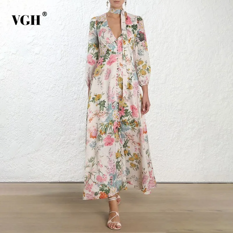 

VGH Summer Print Women's Dress V Neck Lantern Sleeve Bandage Bow High Waist 2019 A Line Ankle-length Dresses Female Fashion New