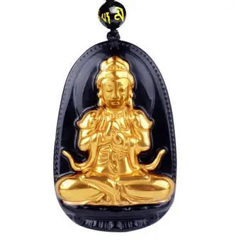 

High Quality Spray gold powder Black Obsidian Carved Buddha Lucky Amulet Pendant Necklace For Women Men pendant Fashion Jewelry