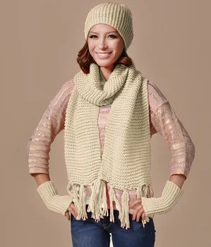 

3pcs Women Fashion Hat+Scarf+Gloves/set Winter Outdoor Woman Warm Scarves Wool Knitted Hats Gloves
