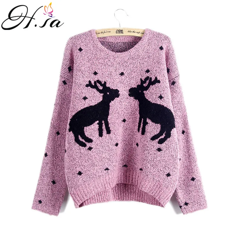 H.SA 2017 Women Christmas Sweater and Pullovers Oneck DEER Casual Knitted Jumpers Pull Femme