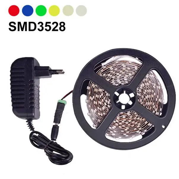 Светодиодная светодио дный лента 5 м 60 светодио дный led s/m одноцветная 3528SMD гибкая светодиодная лента 12 В блок питания 2A, теплый белый, белый