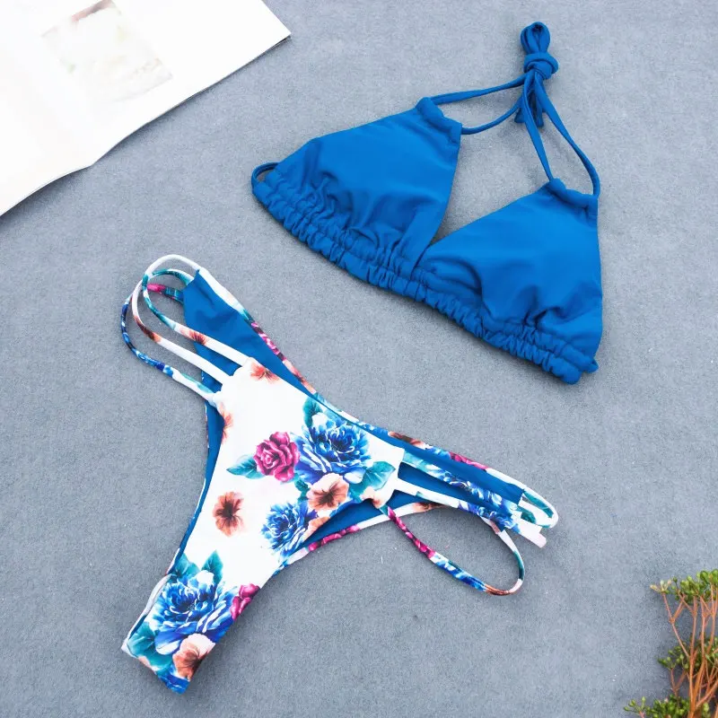 Halter Adjust Bandage Bikini Set Floral Print Plain Swimwear Bicolor Shoulder Bathing Suit Strap Side String Brazilian Cut Halter Adjust Bandage Bikini Set Floral Print Plain Swimwear Bicolor Shoulder Bathing Suit Strap Side String Brazilian Cut