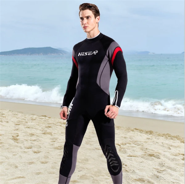 Hisea 1.5mm neoprene mens surf wetsuit one-piece diving suit long-sleeve swimwear black gray contrast- collar001