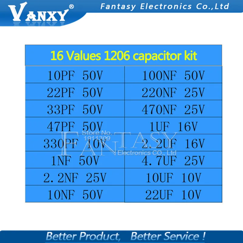 16values*20pcs=320pcs 1206 SMD Capacitor assorted kit 10pF~22uF component diy samples kit new and original