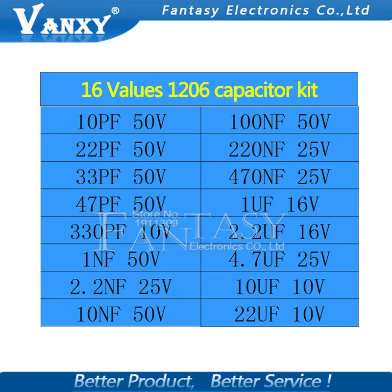 16values*20pcs=320pcs 1206 SMD Capacitor Assorted kit 10pF~22uF Component DIY Samples kit New and Original