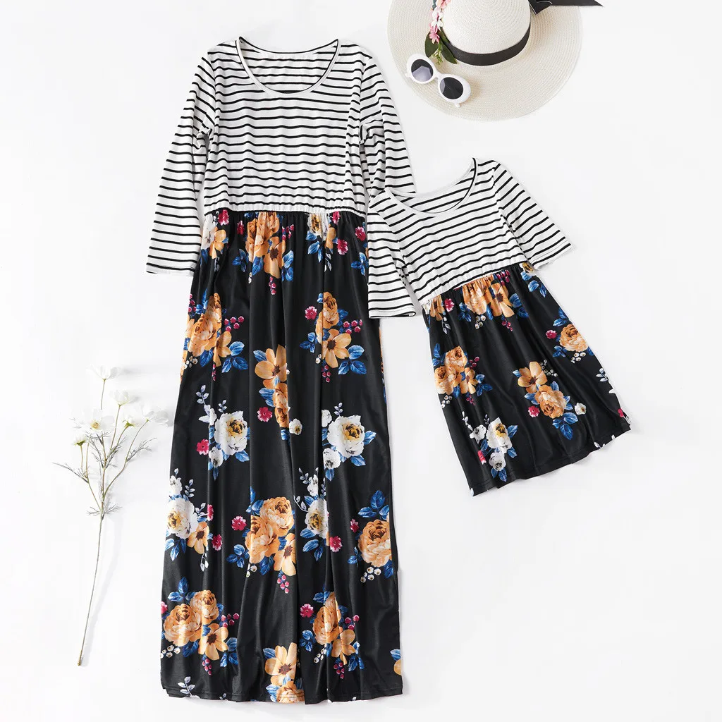 Mommy＆Me Women's clothings Dresses 3/4 Sleeves O-Neck Print Floral Splicing Family Clothes Dress Autume Winter Comfortable Dress