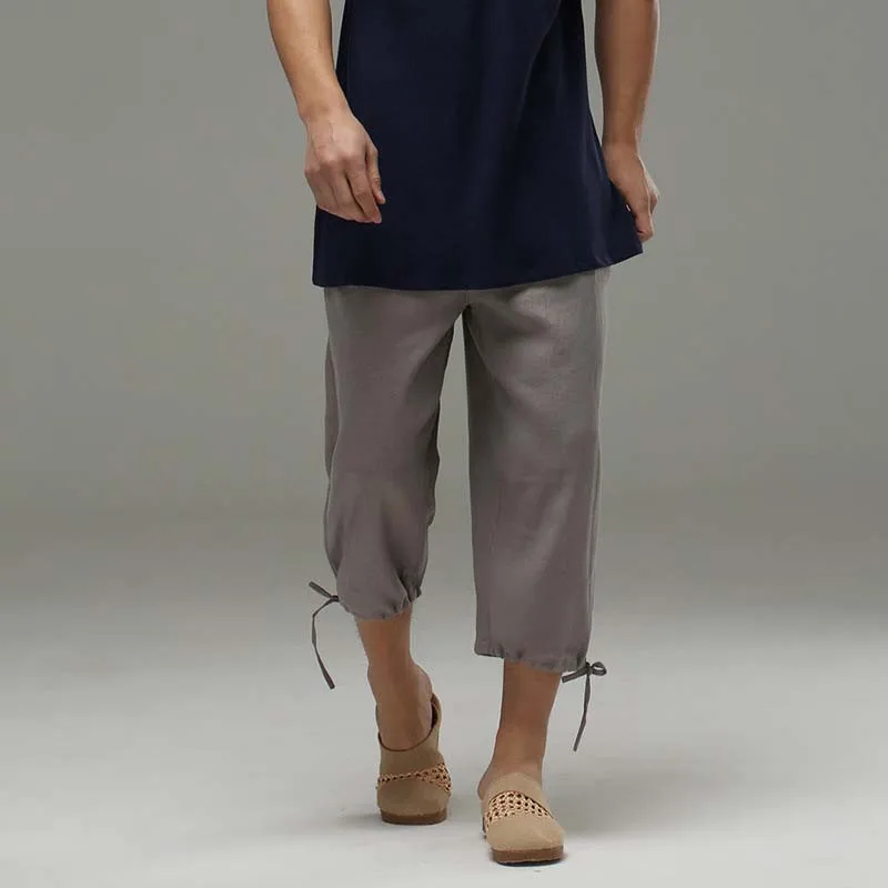 

Summer Mens Linen Shorts Cotton Straight Loose 3/4 Short Trousers Chinese Style Elastic Waist With Drawstring