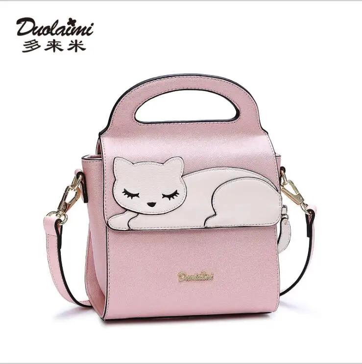

DUOLAIMI 2018 Cute Cat Animal Print Japan Style Patchwork Pink Lady Pu Cartoon Girl For Women's Shoulder Cross body Flap Bags