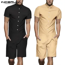 INCERUN летние новые мужские однотонные уличные Рабочие Комбинезоны уличные мужские комбинезоны повседневные мужские рубашки с отворотом и коротким рукавом