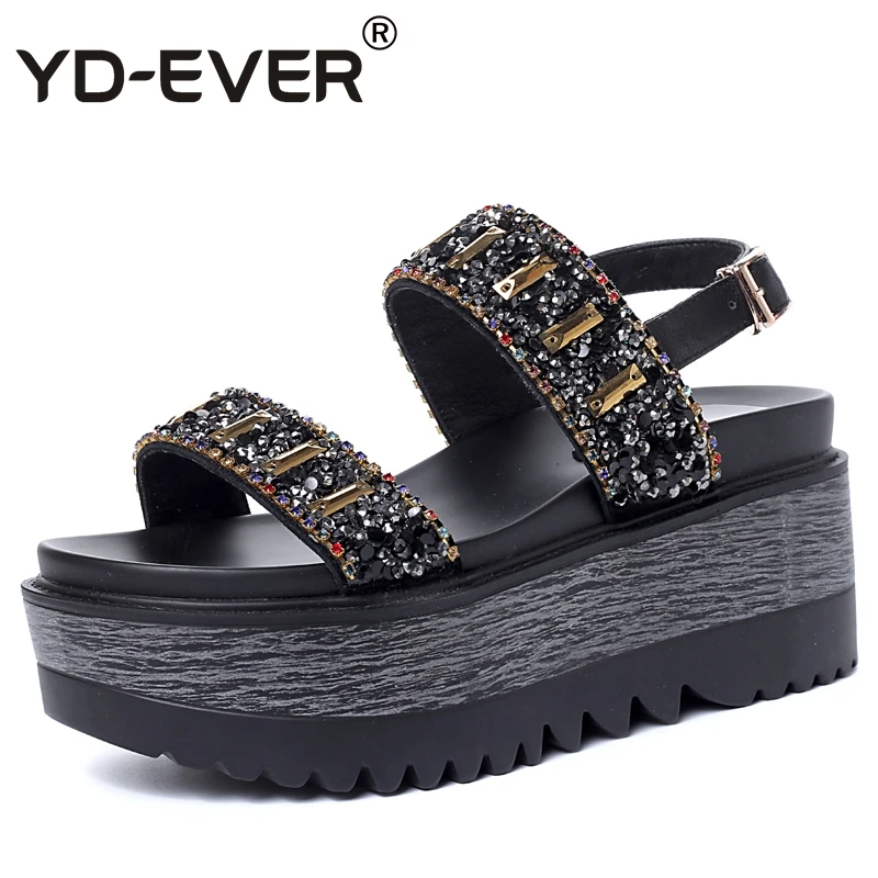 

YD-EVER diamond women sandals platform wedge shoes fashion super high heel summer beach sandals shiny casual shoes