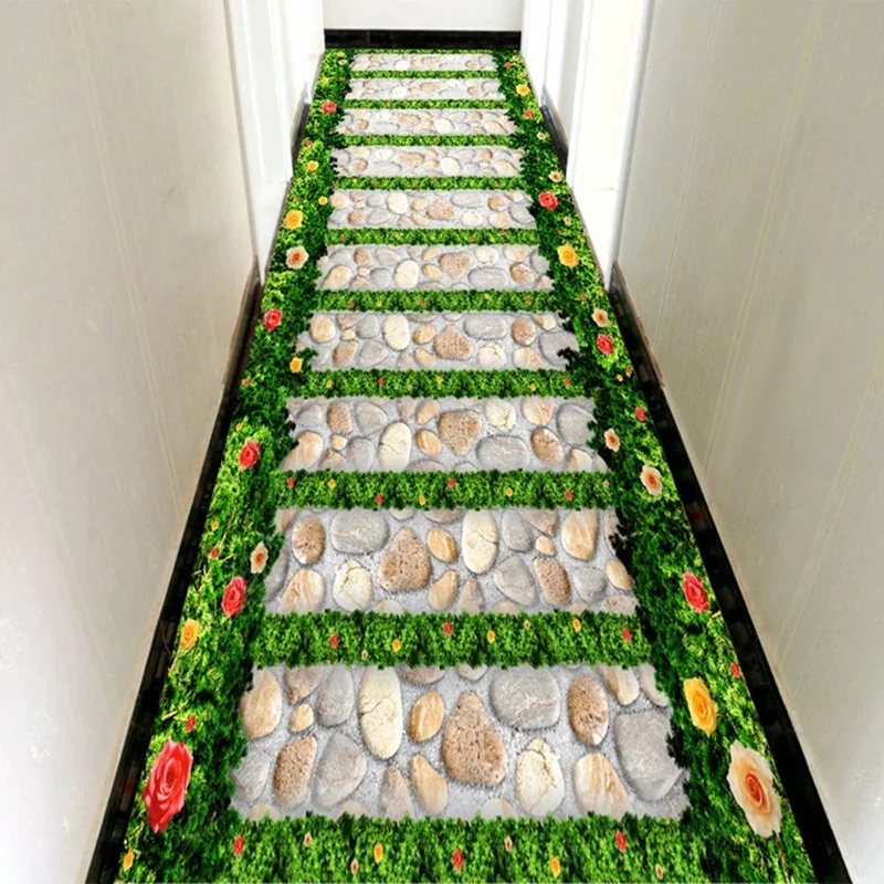 Custom 3D Floor Wallpaper Waterproof Self-adhesive Green Grass Flowers Stone Path Living Room Corridor Balcony Floor Sticker