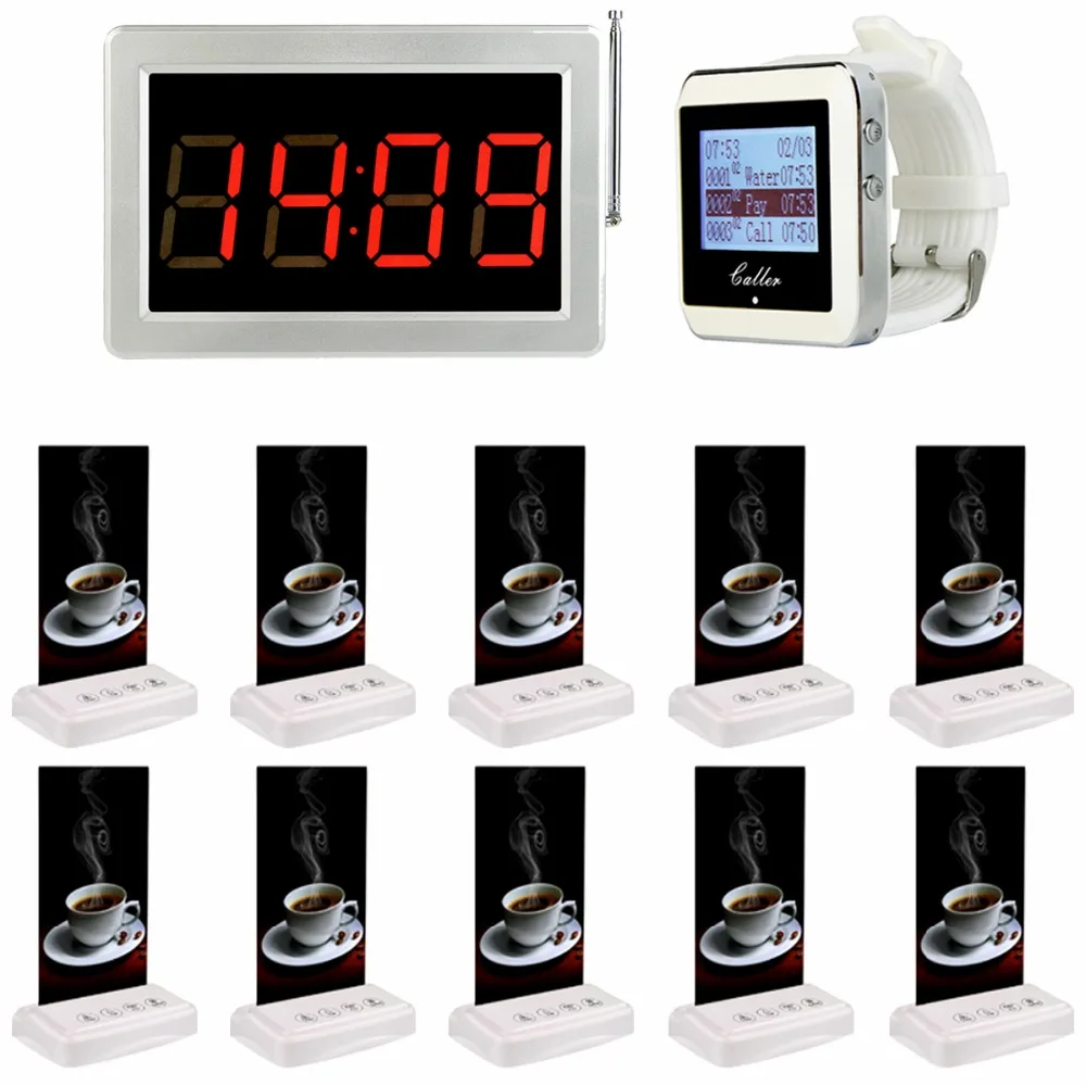 

1pcs Watch Wrist +1pcs Receiver Host +5pcs Table Call Transmitter Button Pager Wireless Restaurant Coffee Shop Calling System