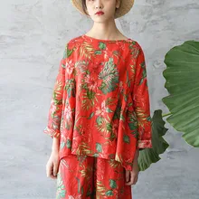 Johnature весенние женские льняные футболки с принтом новые свободные винтажные Национальные Стильные Модные плиссированные пуловеры с круглым вырезом топы