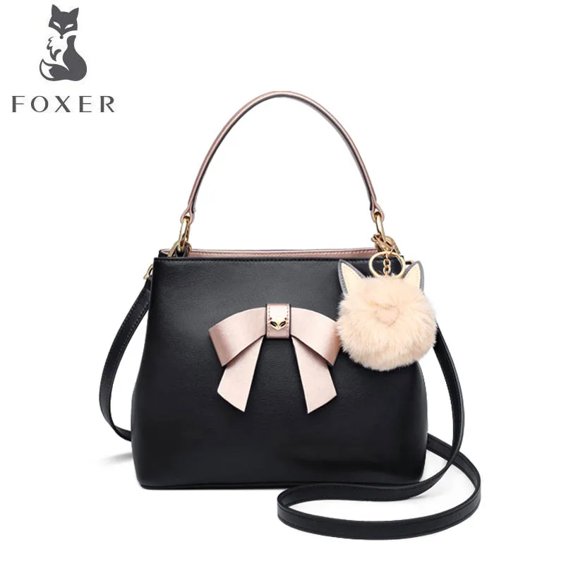 

FOXER 2019 New women leather bag fashion Bow handbags women famous brand Cowhide material leather tote women shoulder bag
