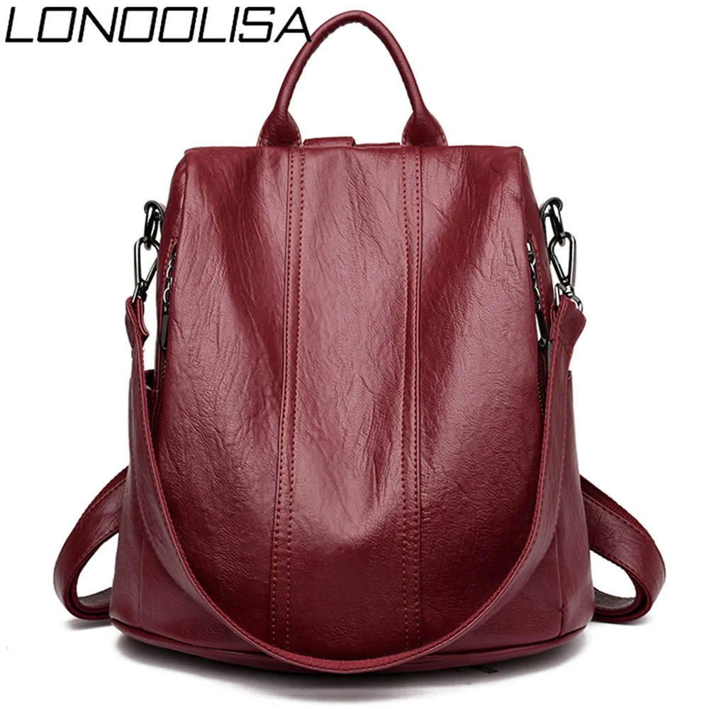 

LONOOLISA Multifunction Female Backpack Women Leather Backpack School Bag For Teenager Girls Travel Back pack Rucksack Sac A Dos