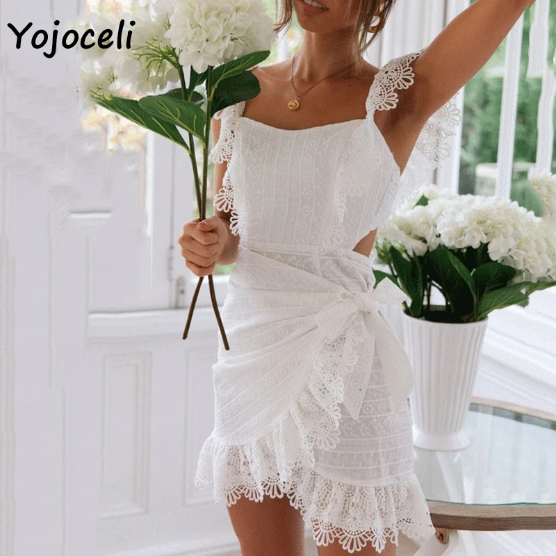 

Yojoceli sexy party lace crochet dress women square neck wrap lace dress 2019 summer mini dress