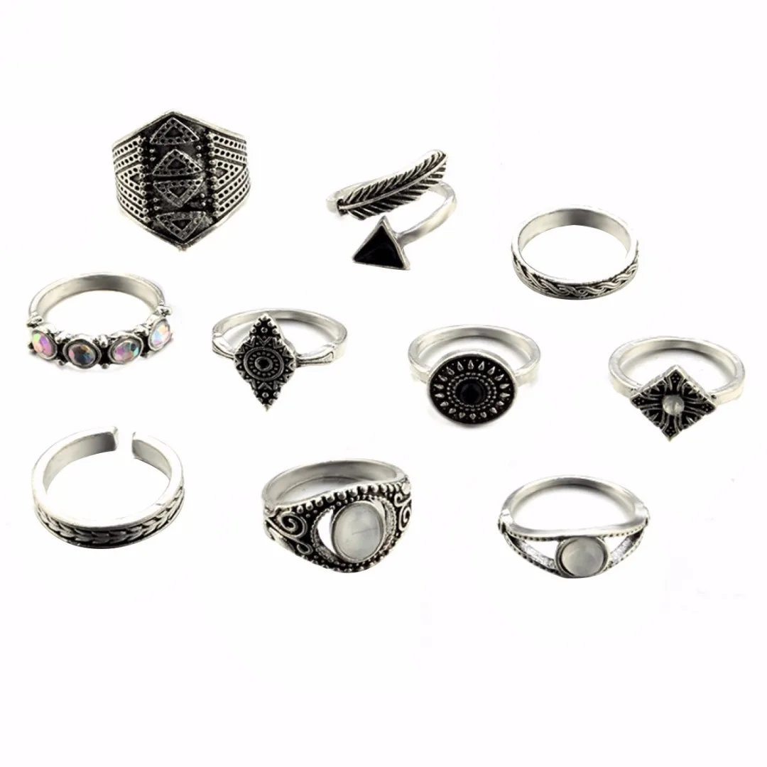 10pcs/set Vintage Steampunk Ring Sets Shellhard Punk Leaf StoneStacking Midi Finger Ring for Women Jewelry Female Anillos