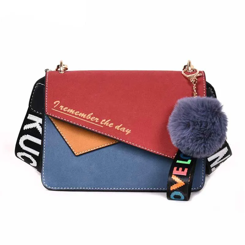 

Fashion Panelled Women Shoulder Bag Designer Wide Strap Girls Crossbody Bags Cute Fur Pendant Ladies Messenger Bag Female Purse