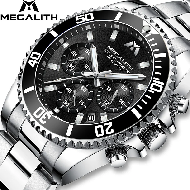 MEGALITH, модные мужские часы, Топ бренд, роскошные, с хронографом, водонепроницаемые, Colck, мужские часы, мужские часы, Reloj Hombre,, спортивные наручные часы