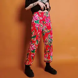 Tiktok Горячая унисекс Харадзюку стиль свободные Northeast черный красный пион цветок уличный хип хоп Spoof фонарь луч брюки для женщин и мужчин