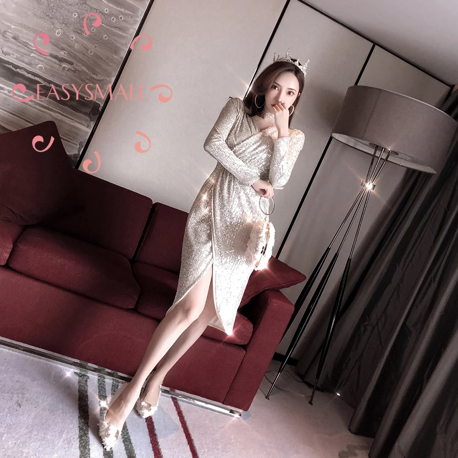 EASYSMALL Women summer dress Fashion Sexy high-end Vestidos  party evening casual High Waist Long Sleeve Plus Size Dresses