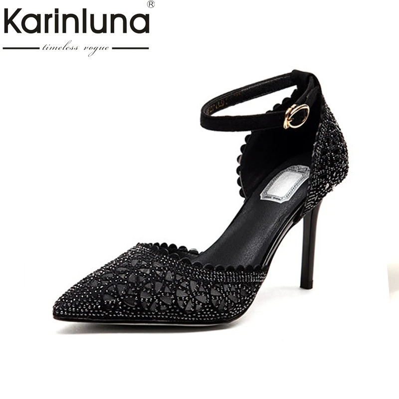 

Karinluna 2018 women's Thin High Heels Ankle Strap Crystal Solid Pointed Toe Shoes Woman Casual Sandals Big Size 32-40