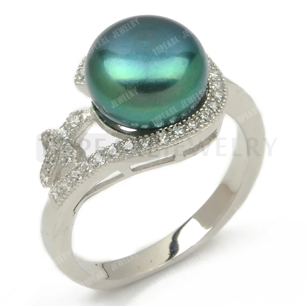Topearl Jewelry Peacock Green 9 9 5mm Pearl Cubic Zirconia Cross 925 Sterling Silver Ring SFR103