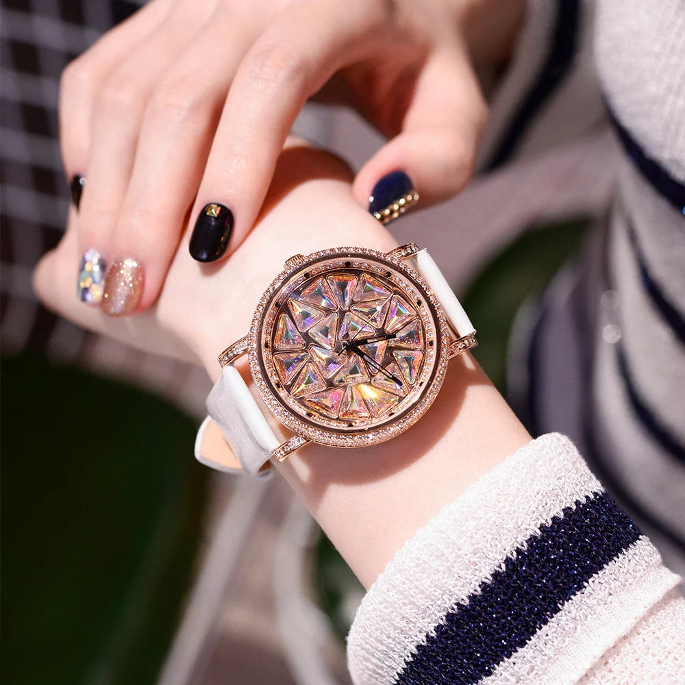 

New 2018 Women Stainless Steel Watch Lady Shining Rotation Dress Watch Waterproof crystal Wristwatches white Watch Clocks Hour