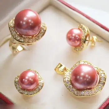 

Prett Lovely Women's Wedding 10mm &14mm Hot Pink South sea Shell Pearl Earrings Ring Necklace Pendant Set