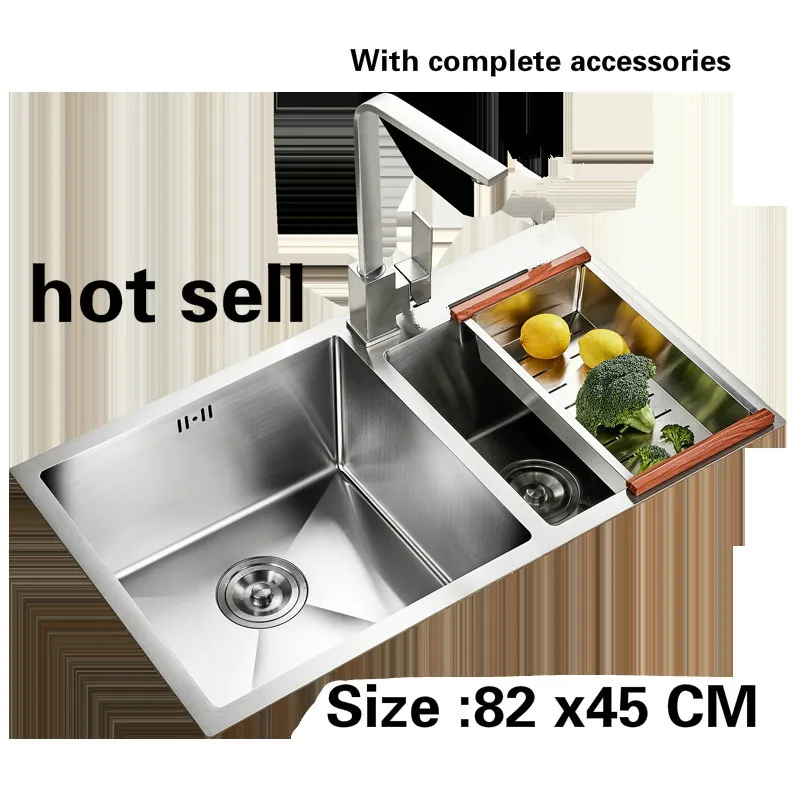 

Free shipping Manual double groove food grade 304 stainless steel durable ordinary 3mm thick kitchen sink hot sell 82x45 CM