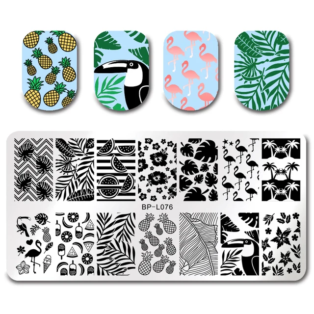 born pretty stamping template summer fruit leaf crane rectangle nail