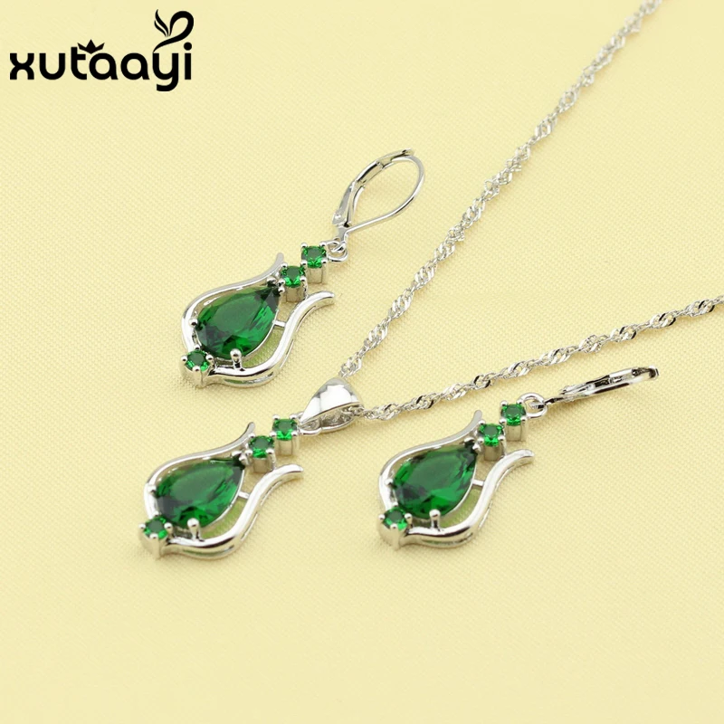 

Fashion Silver Color Necklace Pendant Drop Earrings Jewelry Sets For Women, Christmas Green Imitated Emerald Free Gift Box
