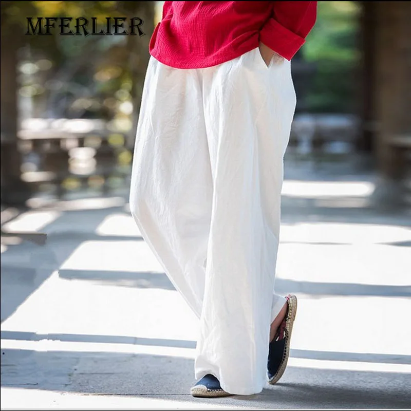 

Summer Trousers Women 2017 Loose Casual Wide Leg Pants Solid Color Full length Elastic Waist Linen Pants With Pocket